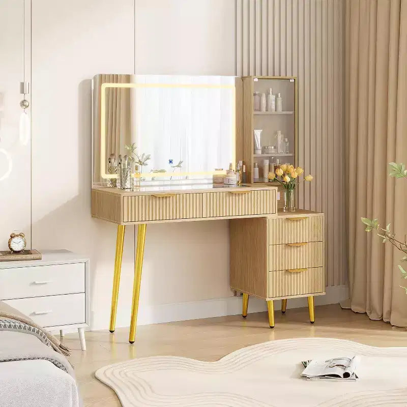 Coiffeuse de 122 cm avec miroir de 91 cm et lumière, 3 modes de couleur, coiffeuse à plateau en verre avec 5 tiroirs, 3 étagères et prises intégrées pour chambre à coucher