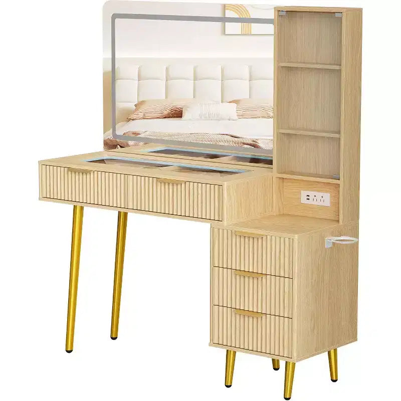Coiffeuse de 122 cm avec miroir de 91 cm et lumière, 3 modes de couleur, coiffeuse à plateau en verre avec 5 tiroirs, 3 étagères et prises intégrées pour chambre à coucher