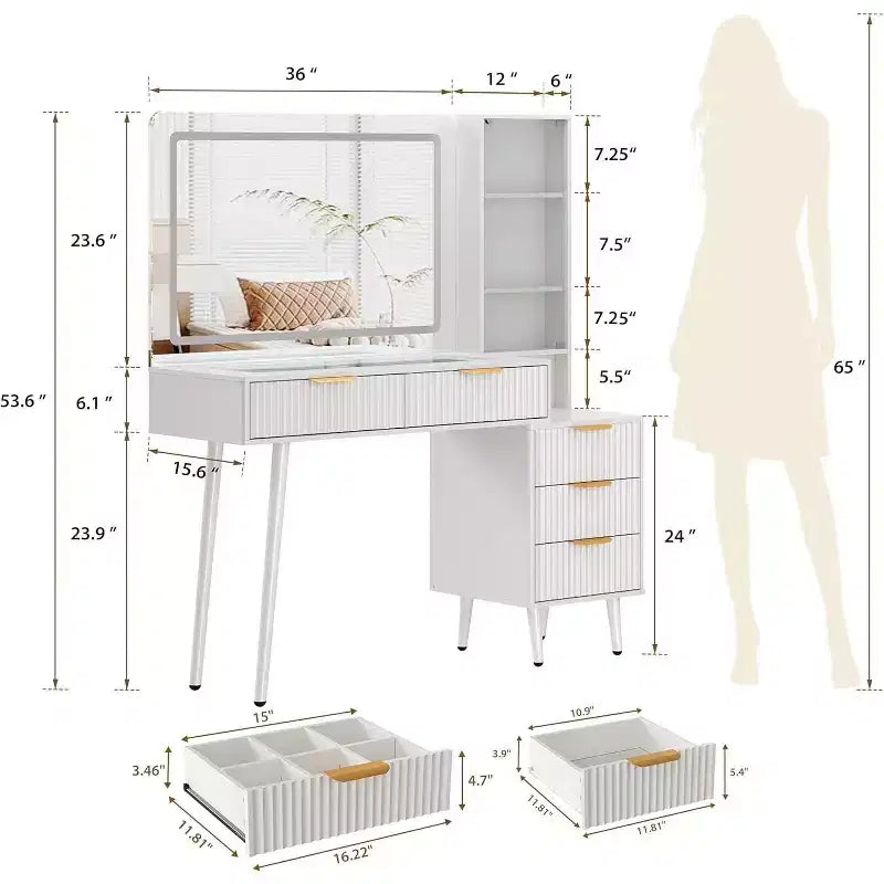 Coiffeuse de 122 cm avec miroir de 91 cm et lumière, 3 modes de couleur, coiffeuse à plateau en verre avec 5 tiroirs, 3 étagères et prises intégrées pour chambre à coucher