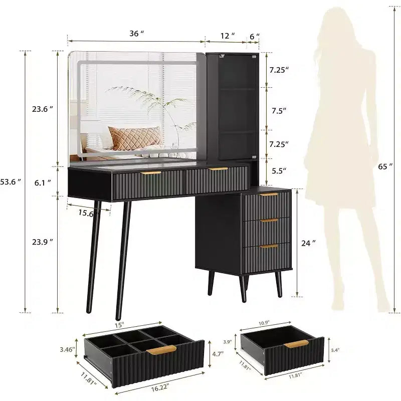 Coiffeuse de 122 cm avec miroir de 91 cm et lumière, 3 modes de couleur, coiffeuse à plateau en verre avec 5 tiroirs, 3 étagères et prises intégrées pour chambre à coucher
