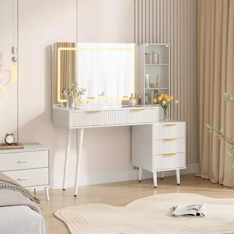 Coiffeuse de 122 cm avec miroir de 91 cm et lumière, 3 modes de couleur, coiffeuse à plateau en verre avec 5 tiroirs, 3 étagères et prises intégrées pour chambre à coucher