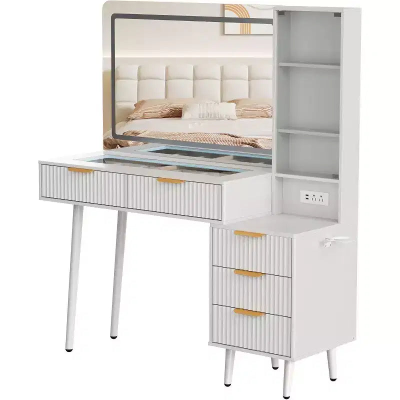 Coiffeuse de 122 cm avec miroir de 91 cm et lumière, 3 modes de couleur, coiffeuse à plateau en verre avec 5 tiroirs, 3 étagères et prises intégrées pour chambre à coucher