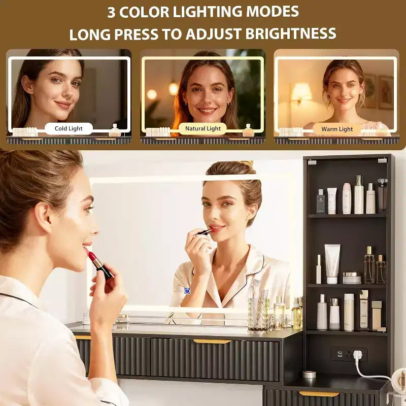 Coiffeuse de 122 cm avec miroir de 91 cm et lumière, 3 modes de couleur, coiffeuse à plateau en verre avec 5 tiroirs, 3 étagères et prises intégrées pour chambre à coucher