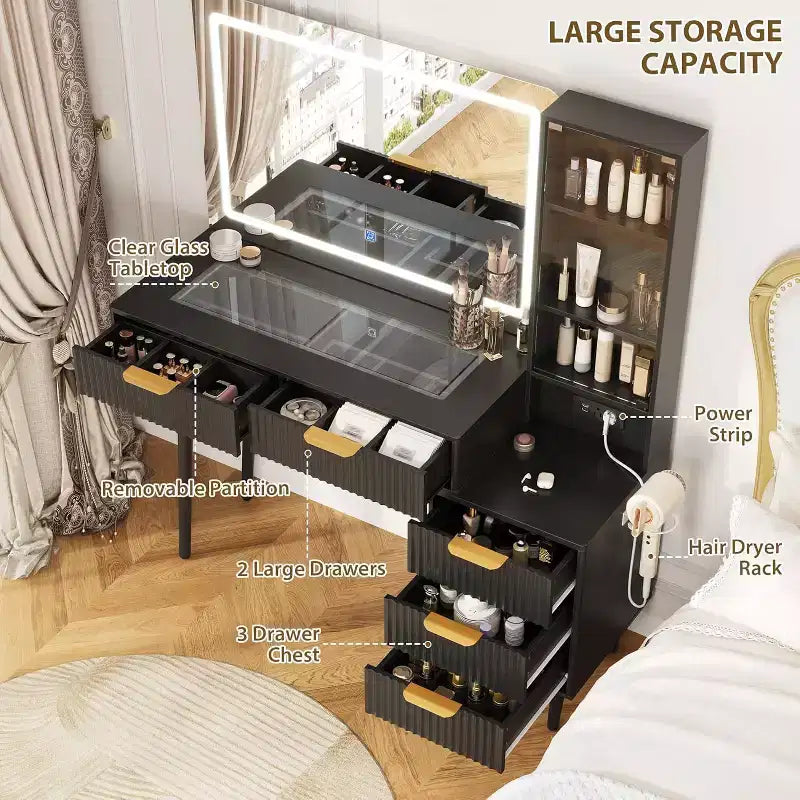 Coiffeuse de 122 cm avec miroir de 91 cm et lumière, 3 modes de couleur, coiffeuse à plateau en verre avec 5 tiroirs, 3 étagères et prises intégrées pour chambre à coucher