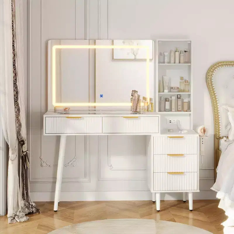 Coiffeuse de 122 cm avec miroir de 91 cm et lumière, 3 modes de couleur, coiffeuse à plateau en verre avec 5 tiroirs, 3 étagères et prises intégrées pour chambre à coucher