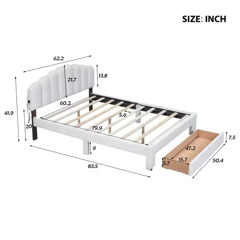 Lit plateforme tapissé, polaire bouclée, avec tiroir de rangement et ports USB - Blanc