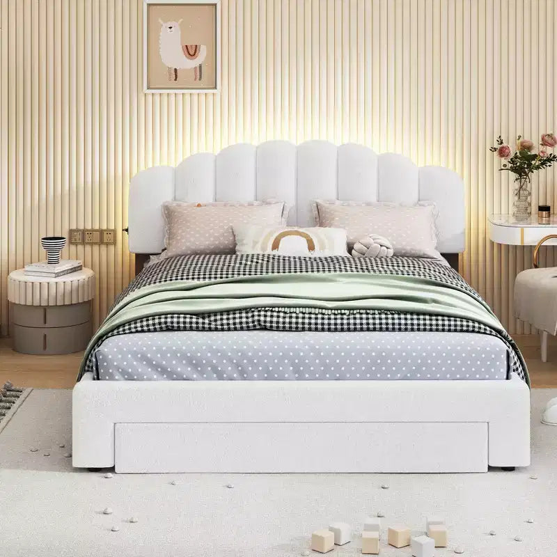 Lit plateforme tapissé, polaire bouclée, avec tiroir de rangement et ports USB - Blanc