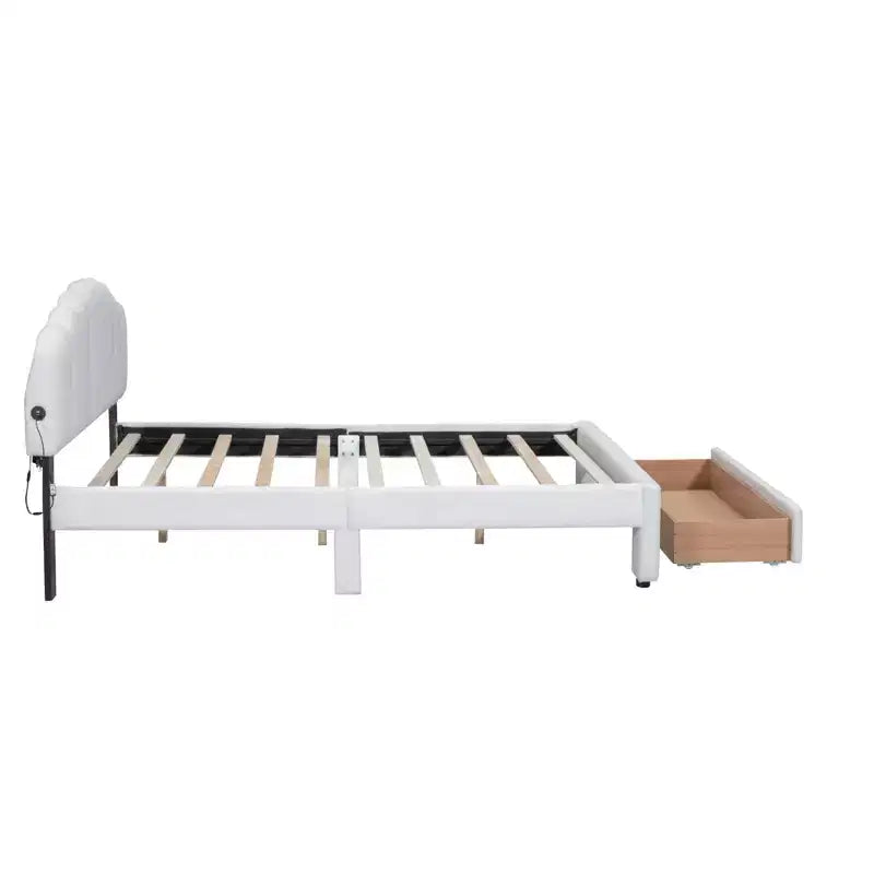 Lit plateforme tapissé, polaire bouclée, avec tiroir de rangement et ports USB - Blanc