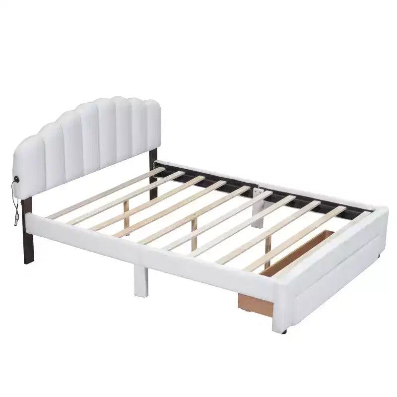 Lit plateforme tapissé, polaire bouclée, avec tiroir de rangement et ports USB - Blanc