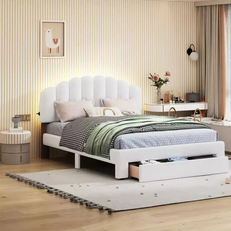 Lit plateforme tapissé, polaire bouclée, avec tiroir de rangement et ports USB - Blanc