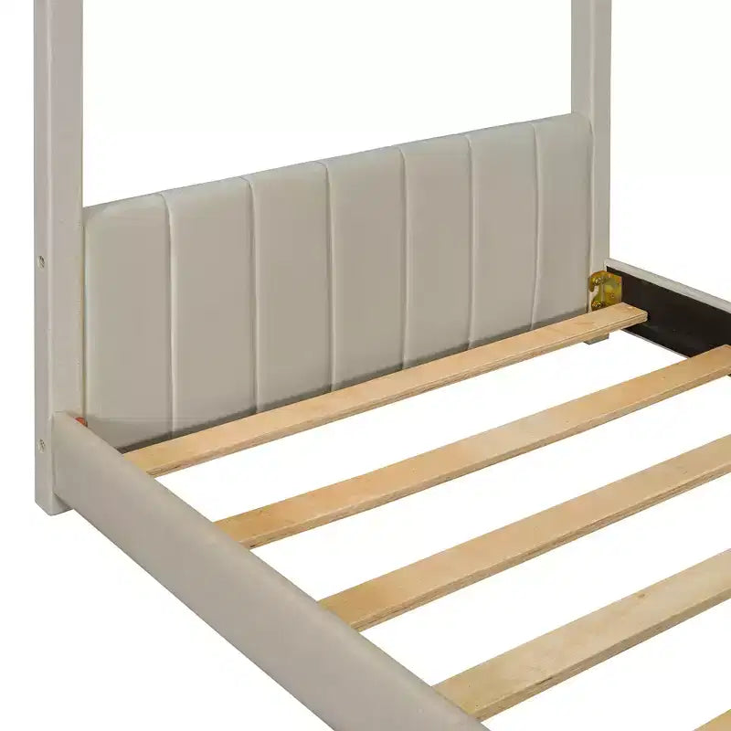 Lit cabane double/grand format pour enfants avec cadre en velours – Beige