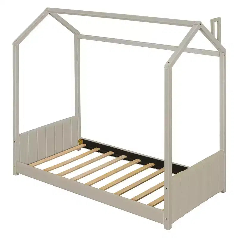 Lit cabane double/grand format pour enfants avec cadre en velours – Beige