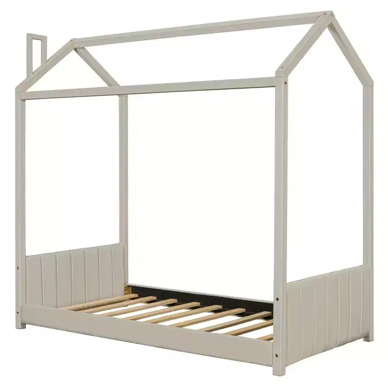 Lit cabane double/grand format pour enfants avec cadre en velours – Beige