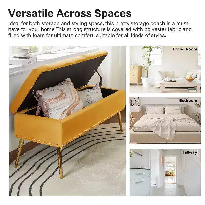 Banc de rangement capitonné avec clous décoratifs pour chambre à coucher - Noir