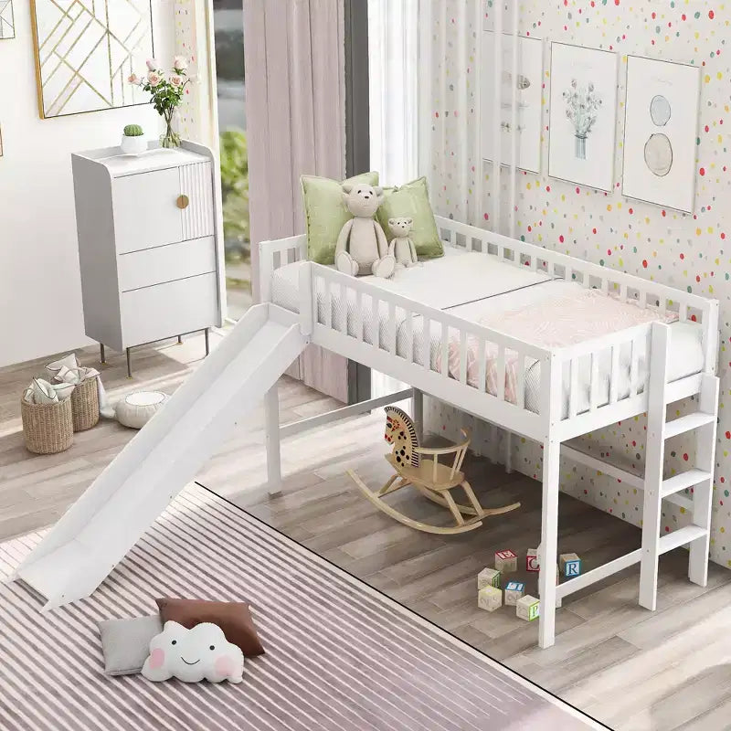 Lit mezzanine pour enfants double/complet avec toboggan, garde-corps de sécurité et échelle