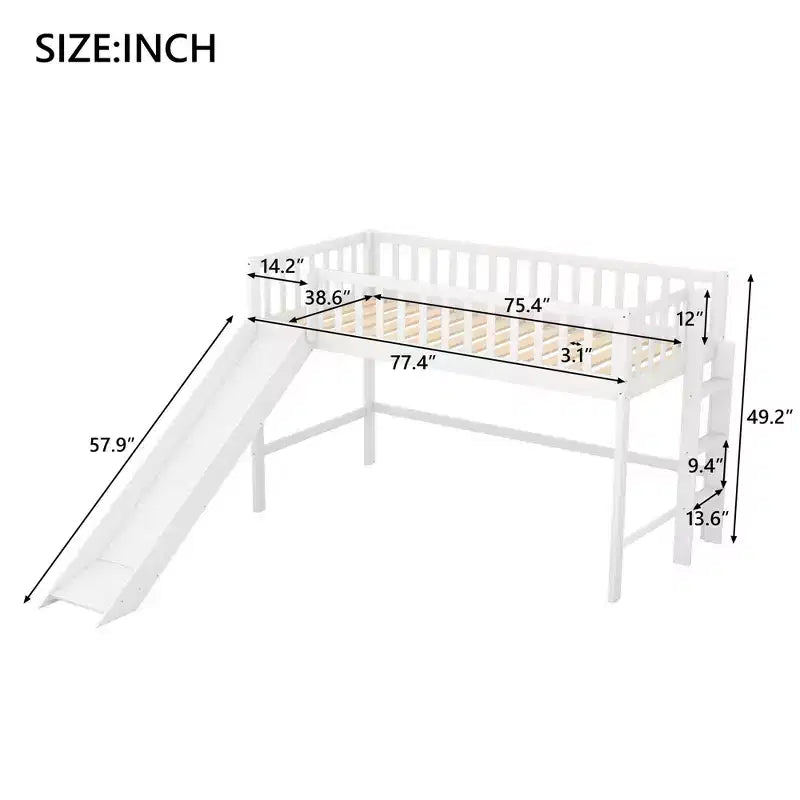 Lit mezzanine pour enfants double/complet avec toboggan, garde-corps de sécurité et échelle