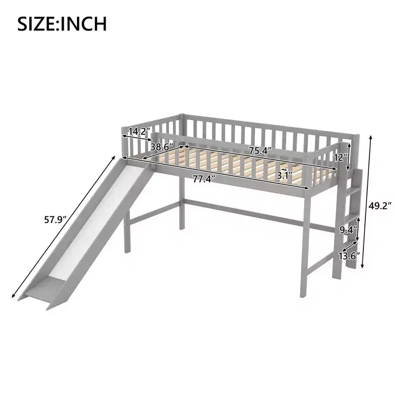 Lit mezzanine pour enfants double/complet avec toboggan, garde-corps de sécurité et échelle