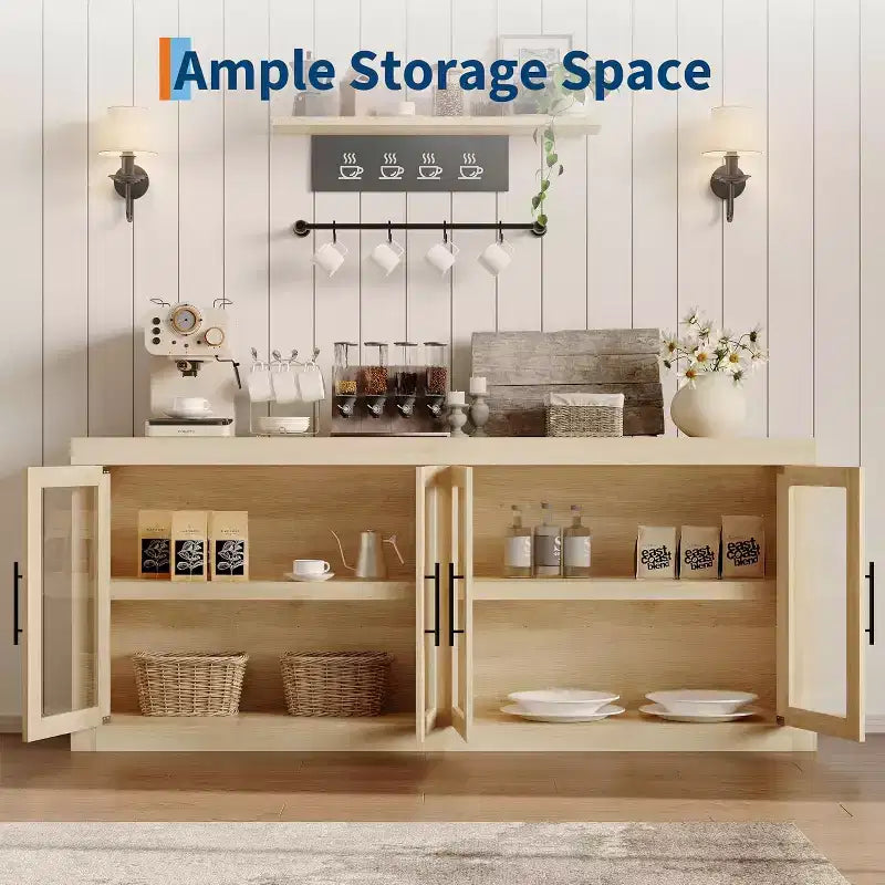 Buffet de 180 cm avec 4 portes, style moderne du milieu du siècle - Naturel