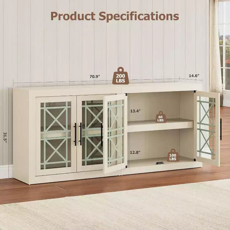 Buffet de 180 cm avec 4 portes, style moderne du milieu du siècle - Naturel