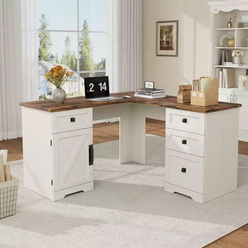 Bureau de direction en L (60) Bureau d'angle de style rustique avec tiroirs de classement et armoire de rangement réglable, idéal pour le bureau à domicile ou l'étude