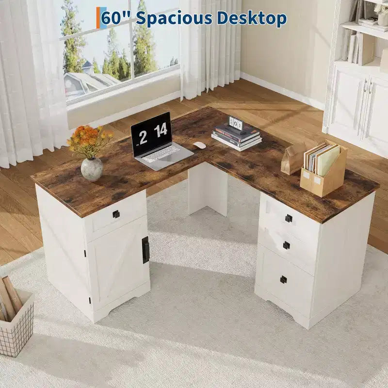 Bureau de direction en L (60) Bureau d'angle de style rustique avec tiroirs de classement et armoire de rangement réglable, idéal pour le bureau à domicile ou l'étude