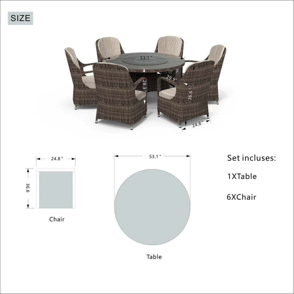 Ensemble de salle à manger rond 7 pièces en rotin tressé d'extérieur avec coussins par Moda Furnishings