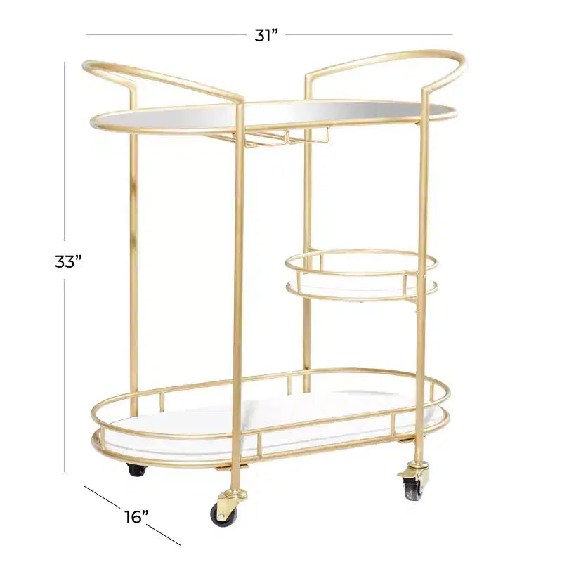 Chariot de bar contemporain en fer doré - Élégant rangement roulant à 3 niveaux, usage intérieur