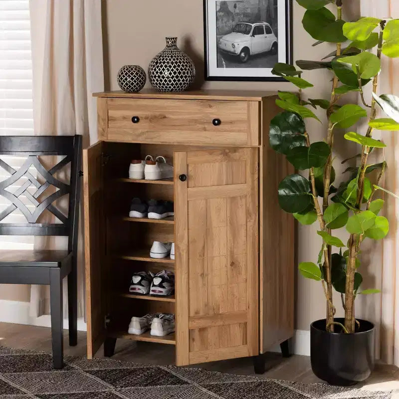 Meuble de rangement pour chaussures en bois avec 1 tiroir et 5 étagères - Chêne brun, Organiseur d'entrée