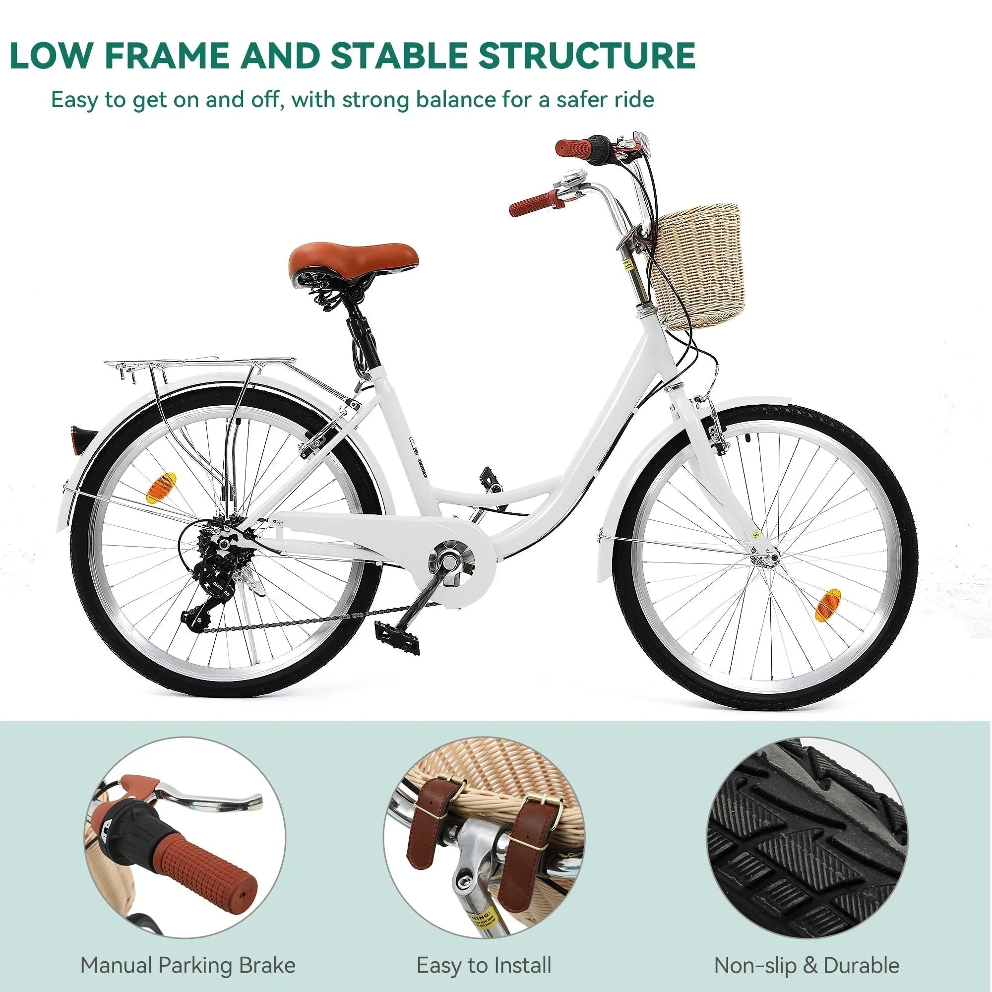 Moasis24/26 Vélo Cruiser 7 Vitesses, Vélo à Cadre Bas Ajustable, Vélo de Ville, Bicyclette