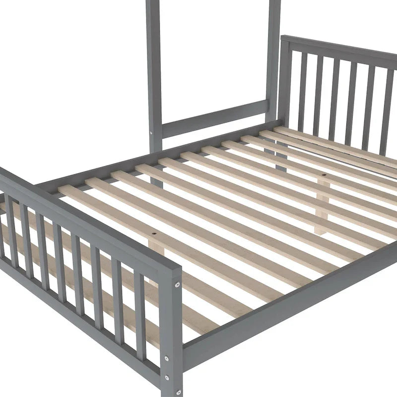Lit mezzanine double sur lit double en bois avec escalier, balustrades hautes et échelle