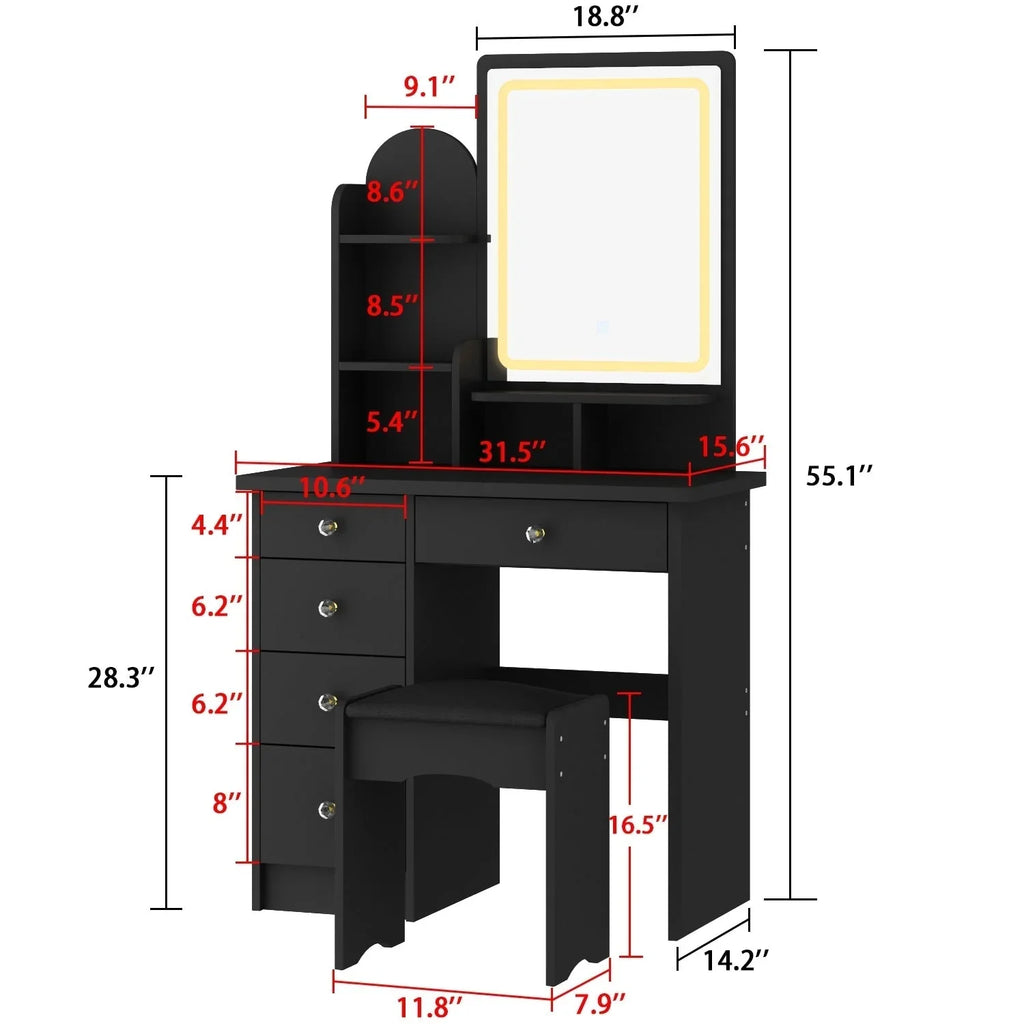 Coiffeuse avec miroir LED intégré et tabouret