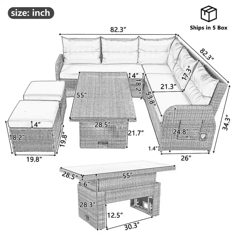 Ensemble de meubles de jardin en rotin avec table réglable, chaises longues et 2 poufs