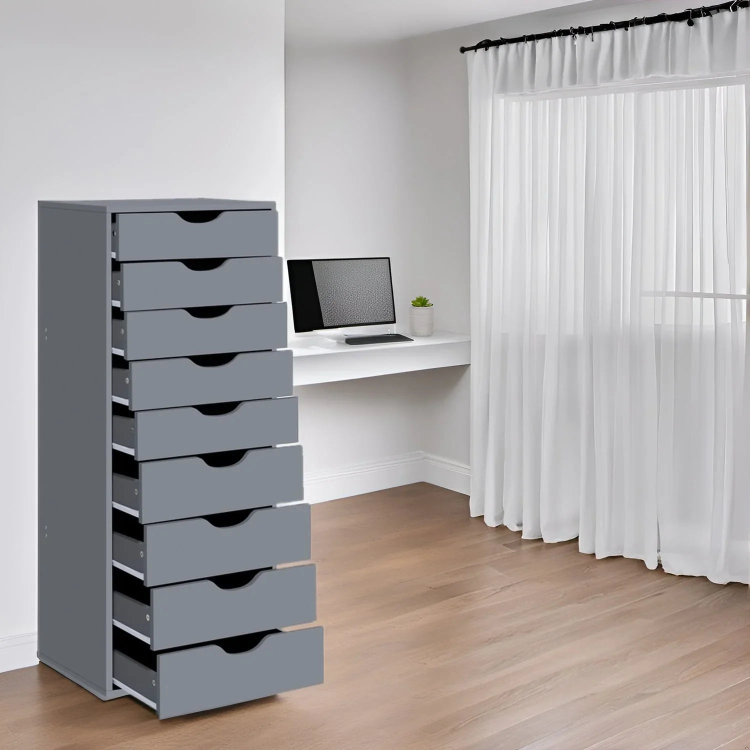 Étroite commode en bois à 9 tiroirs coulissants et étagère de rangement supérieure