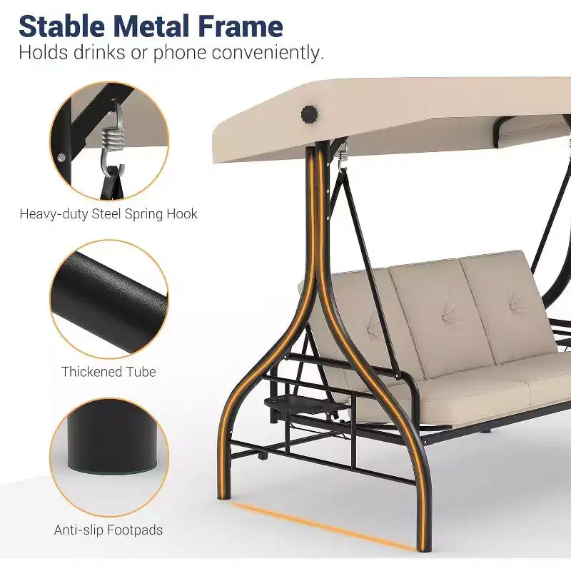 Balançoire de jardin convertible 2-en-1 à 3 places avec auvent réglable, lit de balançoire de patio avec support, coussins épais et porte-gobelets, pour jardin, cour ou porche