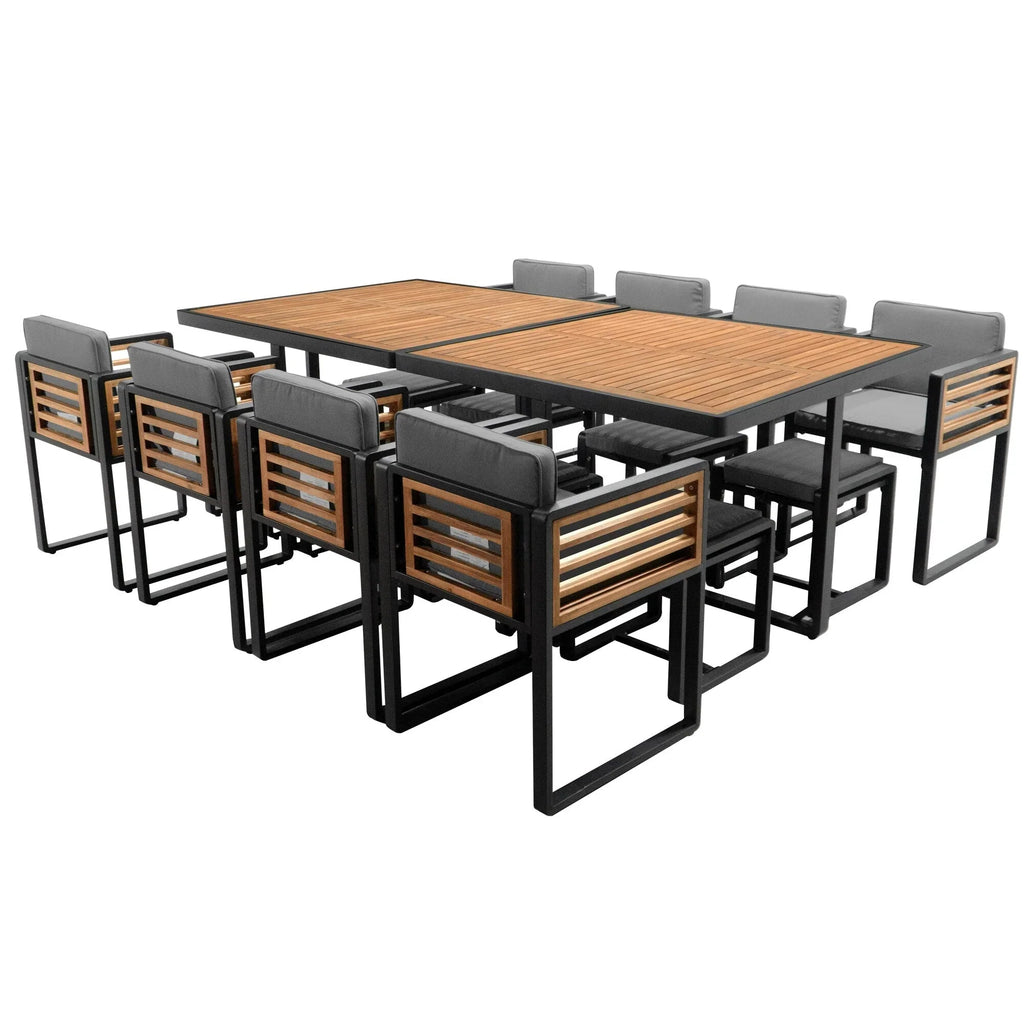 Ensemble de salle à manger d'extérieur 18 pièces en bois d'acacia, 8 chaises rembourrées, 8 poufs et 2 tables carrées