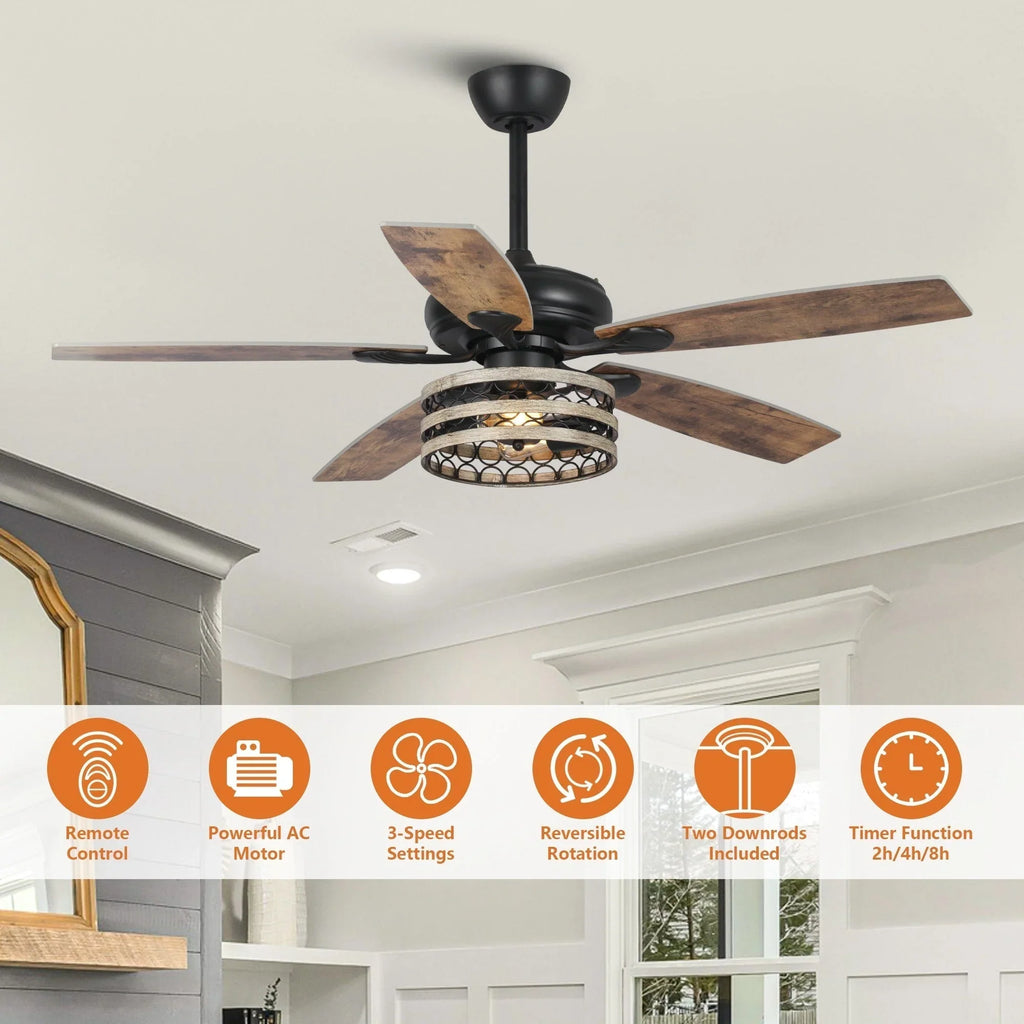 Ventilateur de plafond 52" Farmhouse Driftwood avec 5 pales, cage noire et télécommande