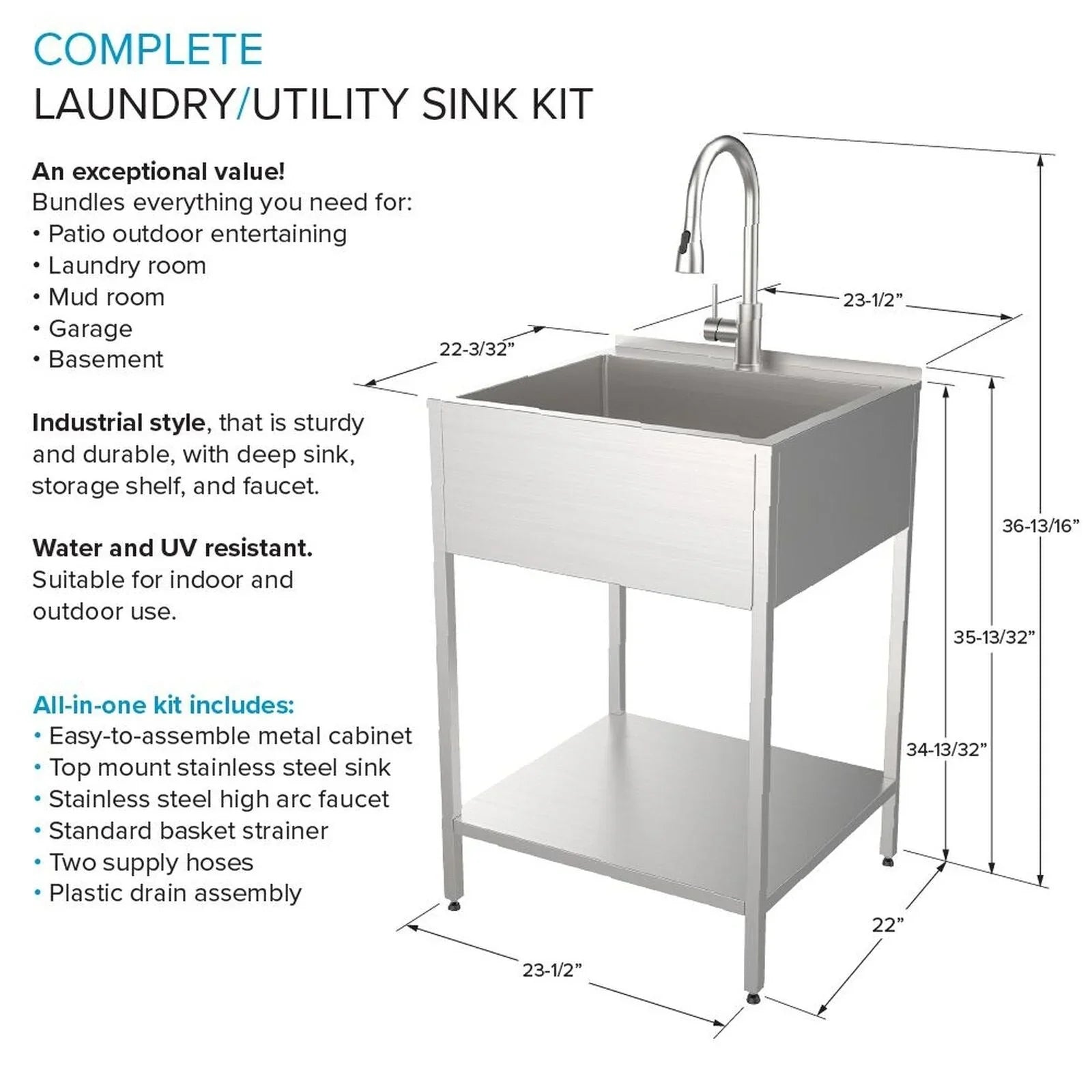 Transolid EWS-2422S Évier de buanderie et support de lavage en acier inoxydable de 24 po L x 22 po P x 35 po H - 24 po x 22 po