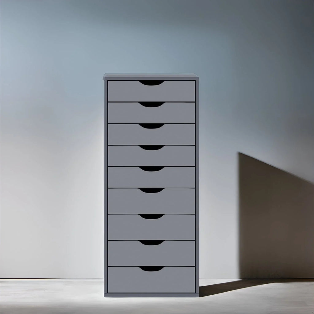 Étroite commode en bois à 9 tiroirs coulissants et étagère de rangement supérieure
