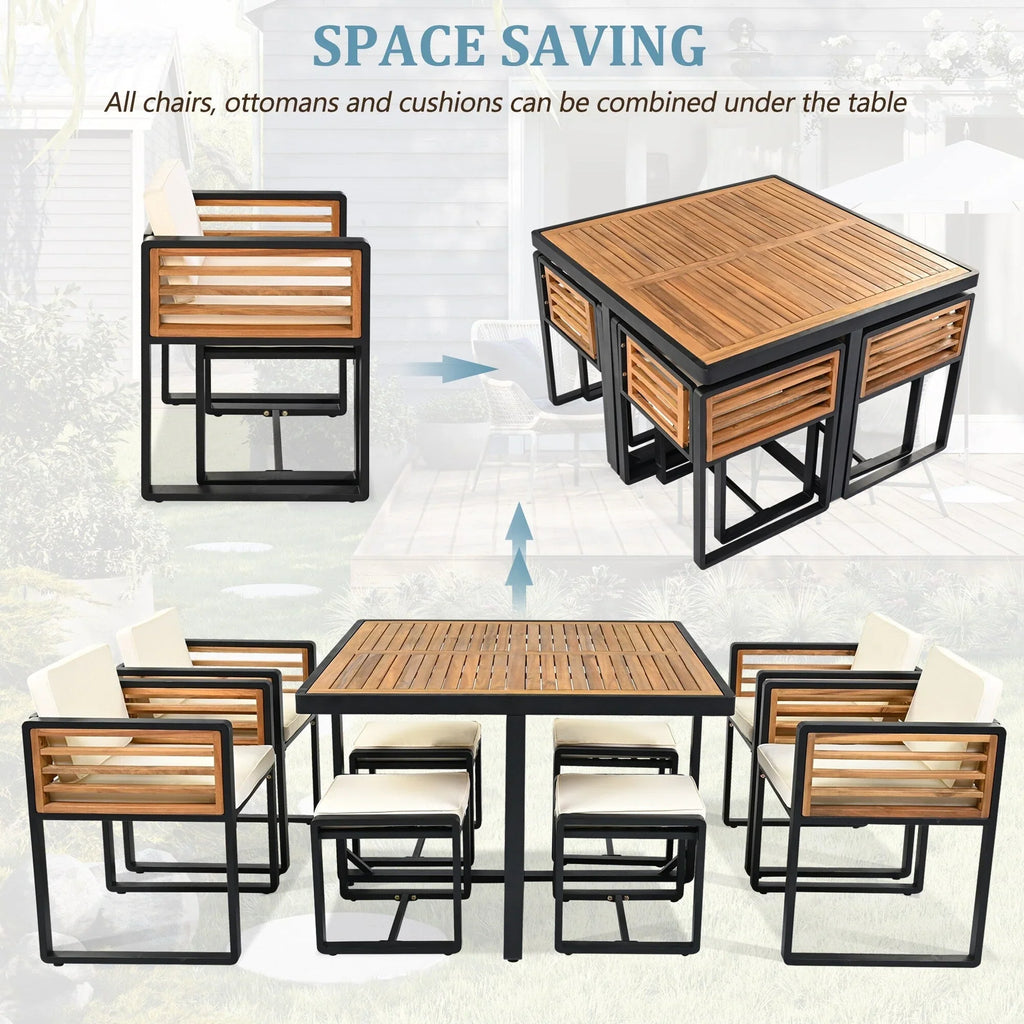 Ensemble de salle à manger d'extérieur 18 pièces en bois d'acacia, 8 chaises rembourrées, 8 poufs et 2 tables carrées