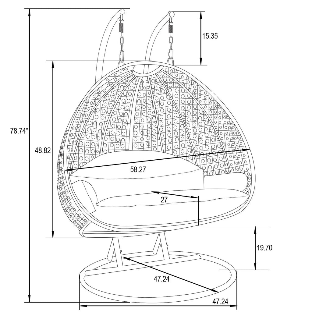 LeisureMod Fauteuil suspendu œuf 2 places avec support - Balançoire / hamac de patio en rotin osier pour extérieur/intérieur avec coussins