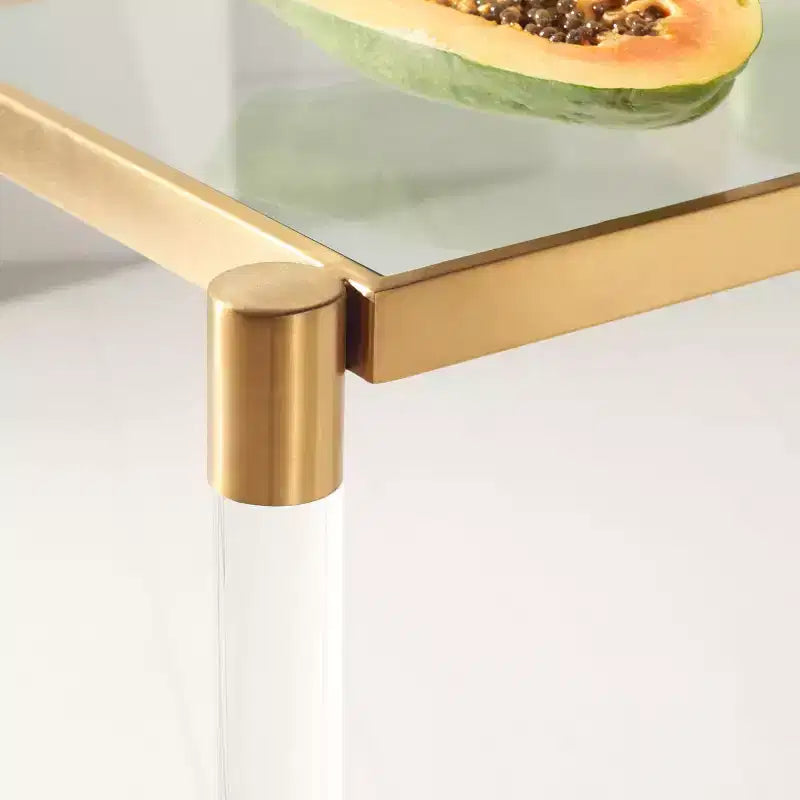 Console en acrylique avec plateau en verre transparent et pieds épingles dorés