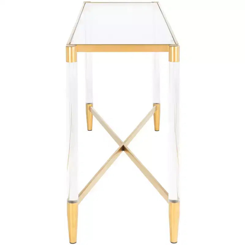 Console en acrylique avec plateau en verre transparent et pieds épingles dorés
