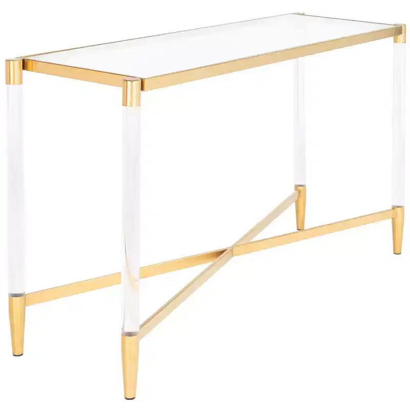 Console en acrylique avec plateau en verre transparent et pieds épingles dorés