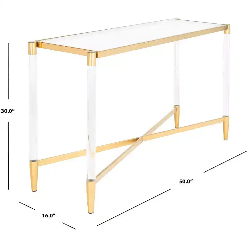 Console en acrylique avec plateau en verre transparent et pieds épingles dorés