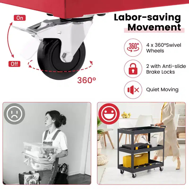 Chariot de service de rangement en métal à 3 niveaux 150 kg de capacité