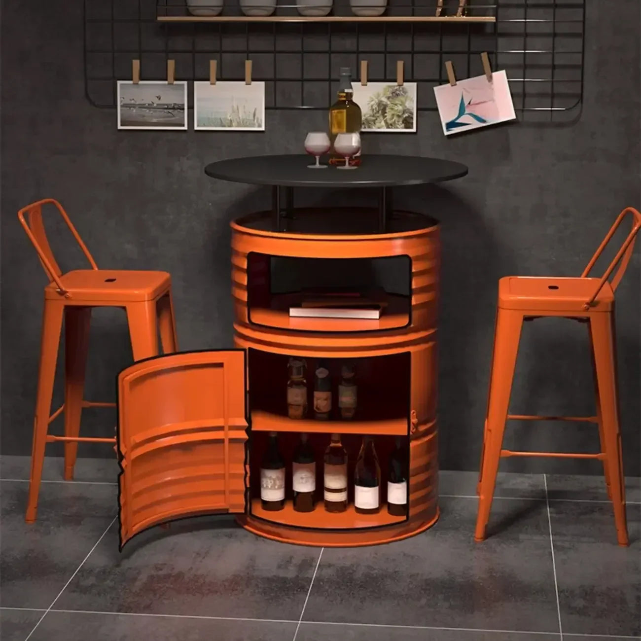 Tables de bar de rangement en fûts métalliques industriels noirs et orange
