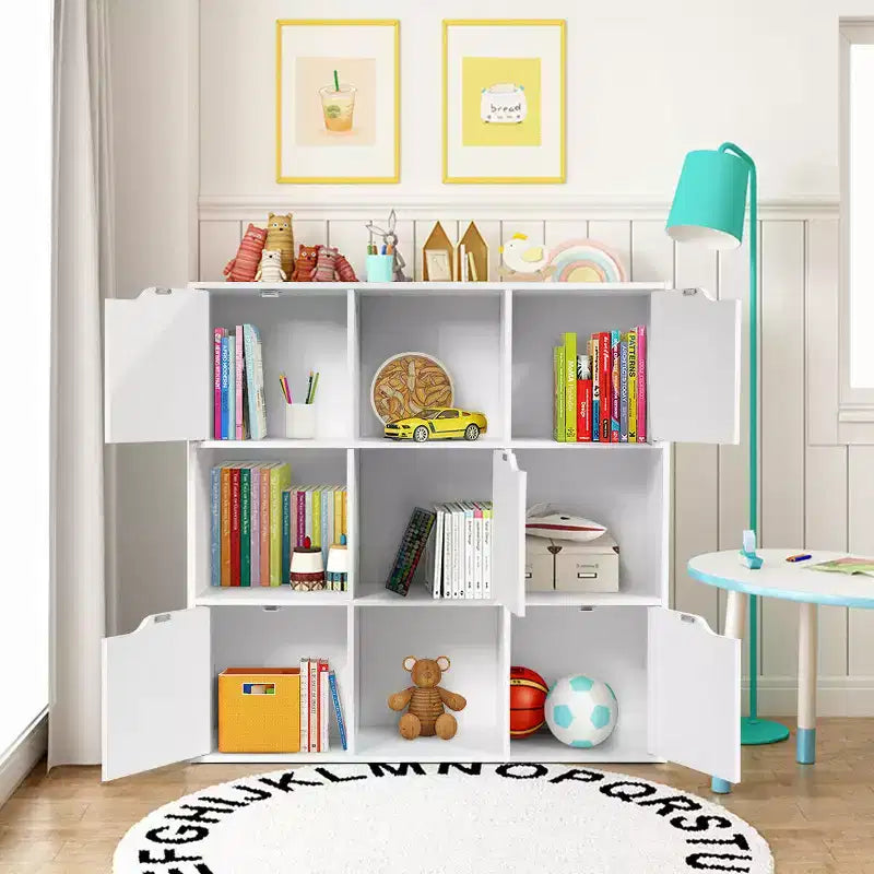 Bibliothèque à 9 casiers avec portes, étagères de rangement et séparateur de pièce