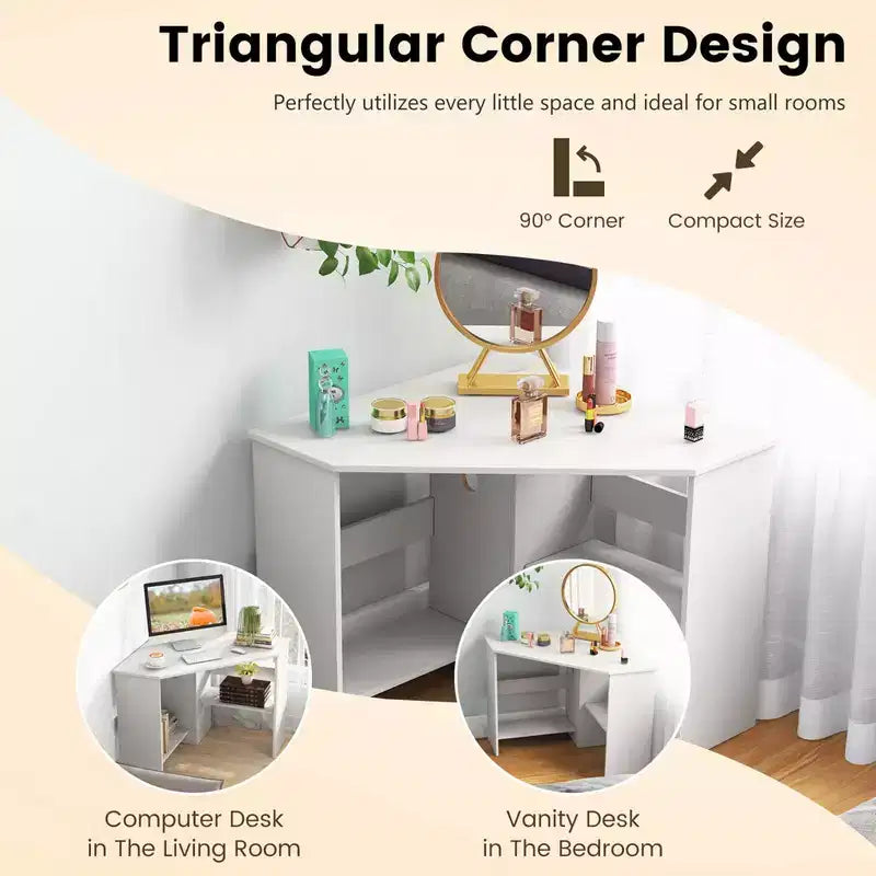 Bureau d'ordinateur d'angle, poste de travail triangulaire avec étagère de rangement - Blanc
