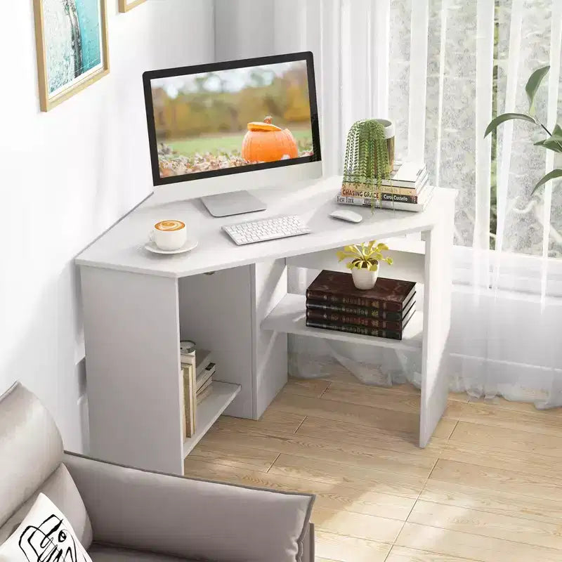 Bureau d'ordinateur d'angle, poste de travail triangulaire avec étagère de rangement - Blanc