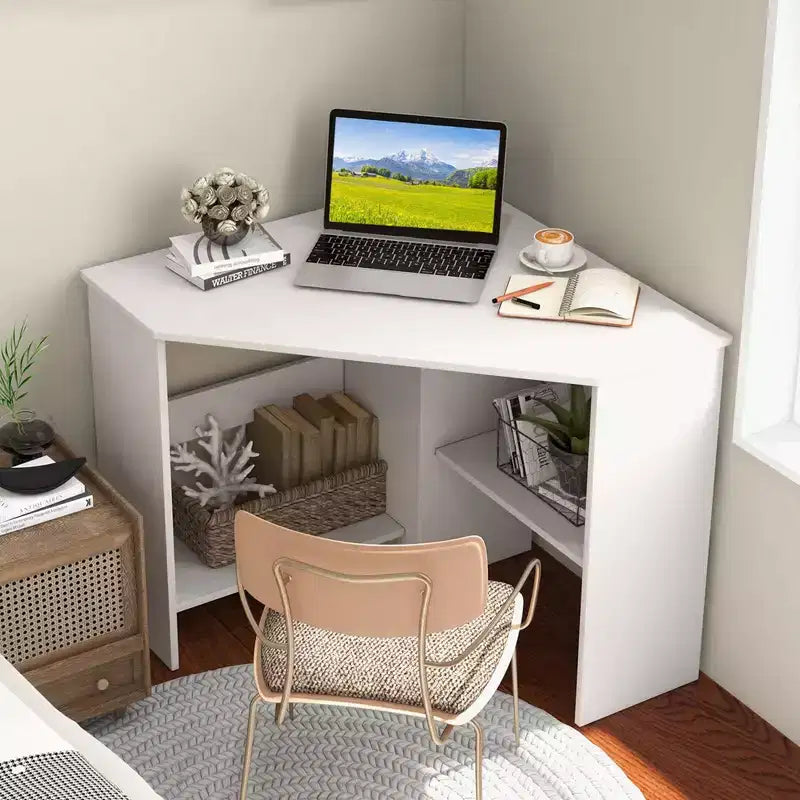 Bureau d'ordinateur d'angle, poste de travail triangulaire avec étagère de rangement - Blanc